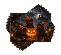 Set di 6 tovagliette a tema Halloween con gattino nero e cappello da strega | Tema del cappello della strega, tovagliette da cena, sfondo della foresta al chiaro di luna, decorazione autunnale del