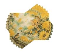 Set di 6 tovagliette ad acquerello con gatto rosso e crisantemo giallo | Tovagliette decorative ad acquerello con un gatto rosso e un crisantemo giallo, set da 6 per una tavola elegante.
