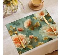 Set Di 6 Tovagliette Americane Elegante Peonia 3D Lavabili Antiscivolo Tovaglietta Lino Cotone Stampate Piante Lussuose Foglie Per Tavolo Da Pranzo Cucina Matrimonio, 30X45Cm, Turchese