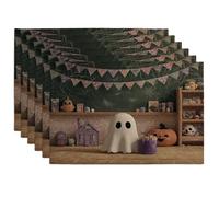 Set di 6 tovagliette con fantasmi e striscioni di Halloween, colore: viola e verde, per sala da pranzo, antiscivolo, lavabili, per interni ed esterni, per feste