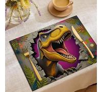 Set di 6 Tovagliette Cotone e Lino, Giallo Tovagliette da Tavolo Dinosauri Che Sfondano Il Muro Impermeabile, Lavabili Animali In 3D In Stile Cartone Animato Tovaglietta, per Tavolo da Pranzo 45x30cm