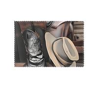 Set di 6 tovagliette da cowboy, con cappello nero e stivali in stile western, runner da tavola lavabili, 30 x 45 cm, facili da pulire, per interni ed esterni