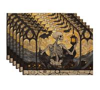 Set di 6 tovagliette decorative per Halloween con lanterna scheletrata, nere e dorate, per cene autunnali, antiscivolo, lavabili, per interni ed esterni, per feste