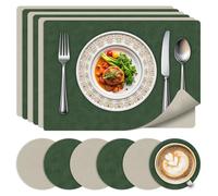 Set di 6 tovagliette e sottobicchieri-Tavagliette resistenti al calore lavabili, tovagliette in pelle a doppia faccia con design antiscivolo per cucina, casa, ristorante,verde+grigio