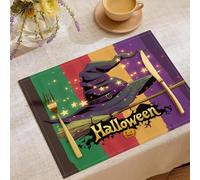 Set Di 6 Tovagliette In Lino Viola Scuro Con Stampa Cappello Da Strega Scopa Strisce, 45X30Cm Tovagliette Poster Halloween, Lavabili Resistenti Al Calore Per Tavolo Da Feste Pranzo Cucina Esterno