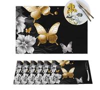 Set di 6 tovagliette in PVC resistenti al calore, motivo farfalle bianche e dorate, tovagliette nere per tavolo, protezione per scrivania, antiscivolo, lavabili, per cucina, sala da pranzo, esterno