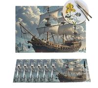 Set di 6 tovagliette in PVC resistenti al calore, tovagliette a forma di nave pirata per tavolo, protezione per scrivania, antiscivolo, lavabili, per cucina, sala da pranzo, esterno