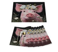 Set di 6 tovagliette in vinile a forma di maiale rosa con fiori, per tavoli da pranzo, resistenti al calore, lavabili, in PVC