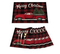 Set di 6 tovagliette in vinile a quadri di bufalo rosso nero con camion natalizio per tavoli da pranzo, tovagliette da cucina, resistenti al calore, lavabili, in PVC
