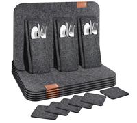 Set di 6 tovagliette lavabili in feltro, 6 pezzi, colore antracite, resistenti al calore, 6 sottobicchieri in vetro, 6 tasche per posate, tovagliette quadrate, sottobicchieri in feltro, tavolo da