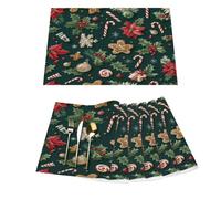 Set di 6 tovagliette natalizie in vinile, motivo stella di Natale, fiori e bacche su sfondo verde, per tavoli da pranzo, da cucina, resistenti al calore, lavabili, in PVC