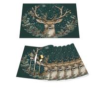 Set di 6 tovagliette natalizie in vinile verde con ghirlanda di bacche e renne, per tavoli da pranzo, tovagliette da cucina, resistenti al calore, lavabili, in PVC