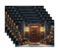 Set Di 6 Tovagliette Per Natalizie, 45X30Cm, Ghirlanda Natalizia Architettura Moderna Decorazione Per Le Vacanze, In Lino Lavabili Marrone Ruggine, Per Casa Cucina Tavolo Da Pranzo Feste