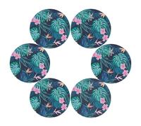 Set di 6 tovagliette rotonde con foglie tropicali e fiori rosa, tovagliette rotonde resistenti al calore, per cucina, casa, ristorante