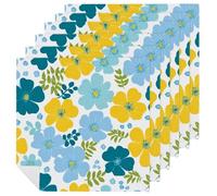 Set di 6 tovaglioli di stoffa quadrati con fiori blu e gialli, riutilizzabili, lavabili, in poliestere, per cene e feste