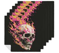 Set di 6 tovaglioli di stoffa quadrati con teschio bianco con fiamme rosa e gialle, riutilizzabili, lavabili, in poliestere, per cene e feste