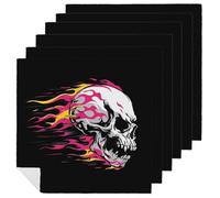 Set di 6 tovaglioli di stoffa quadrati con teschio da corsa con fiamme rosa e gialle, riutilizzabili, lavabili, in poliestere, per cene e feste