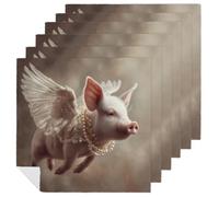 Set di 6 tovaglioli di stoffa quadrati di alta qualità, riutilizzabili, lavabili, in poliestere, motivo: maiale volante con ali, per cene e feste