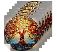 Set di 6 tovaglioli di stoffa quadrati in vetro colorato, motivo: albero della vita, riutilizzabili, lavabili, in poliestere, per cene e feste
