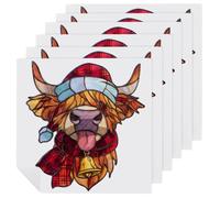 Set di 6 tovaglioli di stoffa quadrati in vetro colorato, motivo: mucca delle Highland con cappello di Babbo Natale, riutilizzabili, lavabili, in poliestere, per cene e feste