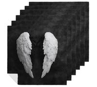 Set di 6 tovaglioli quadrati in poliestere con ali d'angelo bianche e nere e piume, riutilizzabili, lavabili, per cene e feste