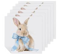 Set di 6 tovaglioli quadrati in poliestere con grazioso coniglietto con un grande fiocco blu setoso, di alta qualità, riutilizzabili, lavabili, per cene e feste