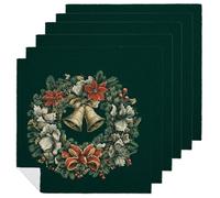 Set di 6 tovaglioli quadrati in tessuto di pino con ghirlanda natalizia con campane, riutilizzabili, lavabili, in poliestere, per cene e feste