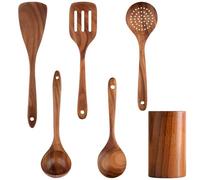 Set di 6 utensili da cucina in legno di teak, con manici lunghi, antiaderenti e resistenti al calore, ideali per uso domestico e professionale