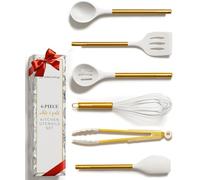 Set di 6 utensili da cucina in silicone bianco e oro, con spatola, frusta, pinze, cucchiai, utensili da cucina per pentole antiaderenti, accessori da cucina di lusso per chef domestici