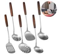 Set di 6 utensili da cucina per wok da appendere, in acciaio inox con manico in legno, maneggevoli e resistenti al calore, per lavori in cucina, con versione lunga per wok, padella e altro ancora, per