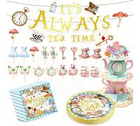 Set di 60 decorazioni per feste da tè nel paese delle meraviglie con 1 supporto per cupcake a 3 livelli, 20 piatti da tè, 20 tovaglioli, 1 striscione 18 topper per cupcake, tè pomeridiano, festa di