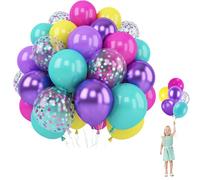 Set di 60 palloncini a forma di sirena rosa acceso, viola, 30 cm, in lattice, con coriandoli metallizzati verdi e gialli, per baby shower, decorazioni per feste di compleanno per ragazze