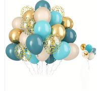 Set di 60 palloncini in lattice blu oro, 30,5 cm di spessore, in lattice, retrò, sabbia, bianco pastello, blu, metallizzati, dorati, coriandoli, palloncini a elio, per feste di compleanno