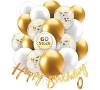 Set di 60 palloncini per compleanno con striscione Happy Birthday - decorazione per compleanno - palloncini - bianco oro