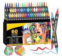 Set di 60 pennarelli acrilici a doppia punta con pennello e punta fine per pittura su roccia, legno, vetro, ceramica, pietra, tessuto, progetti artistici, artigianato fai da te, penne acriliche e