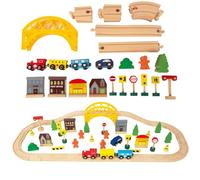 Set di 60 pezzi di ferrovia in legno e treni, set di base per principianti, compatibile con Thomas, adatto per set di treni Eichhorn, giocattolo per bambini in età prescolare, consigliato dai 3 anni