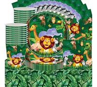 Set di 61 decorazioni per feste a tema animali della foresta pluviale, foresta verde, accessori per feste di compleanno, con piatti, tazze, tovaglioli di carta (20 ospiti)