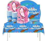 Set di 61 pezzi per feste di compleanno a tema Stitch, composto da stoviglie per bambini tra cui tazze, piatti, tovaglie e tovaglioli, per un massimo di 20 ospiti.