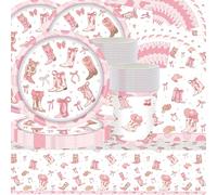 Set di 61 posate in jeans rosa a tema jeans, decorazione rosa, decorazione per feste di compleanno, tovaglia, bicchieri di carta, tovaglioli, ciotole di carta, per 20 ospiti