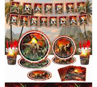 Set di 61 stoviglie Dinos, decorazione per feste di compleanno, decorazione retrò per la tavola, scenario con dinosauri dell'epoca vulcanica preistorica per 20 ospiti