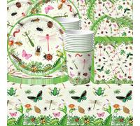 Set di 61 stoviglie per feste con motivo insetti, decorazioni per feste di compleanno in verde foresta, tovaglia, bicchieri di carta, tovaglioli, piatti di carta, adatti per 20 ospiti