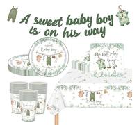 Set di 63 stoviglie per feste per baby shower, decorazioni da tavola verde salvia con piatti di carta, tovaglioli, bicchieri, striscioni, forniture per feste per baby shower, 16 ospiti