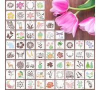 Set di 64 stencil con fiori e natura, 76 x 76 mm, riutilizzabili, in PET per dipingere su legno, tessuto, carte da parete, artigianato fai da te e decorazioni per la casa