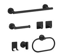 Set di 7 accessori da bagno, in acciaio inox, set di articoli da bagno, colore nero, opaco, con torre da 40 cm, porta asciugamani e 4 ganci per asciugamani