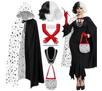 Set di 7 accessori per costume da Crudelia da donna, kit per travestimento da cattivo con mantello dalmata, parrucca bianca e nera, guanti rossi, collana di perle, accessorio per mano e borsa per