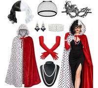 Set di 7 accessori per costume da Crudelia, da donna, per travestimento da | Costume dalmata con mantello, parrucca bianca e nera, guanti rossi, collana di perle, braccialetto, maschera e orecchini