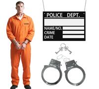 Set di 7 accessori per costume da detenuto da uomo, arancione, carcere, set di accessori con tuta da prigione, accessori per tatuaggi, manette con chiavi per adulti, Halloween, Carnevale (L)
