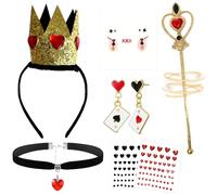 Set di 7 accessori per costume da regina del cuore, con cuore rosso, set di accessori per la regina, orecchini, bacchetta magica, adesivo per il viso, per Halloween, carnevale, feste, cosplay