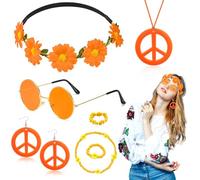 Set di 7 accessori per costume hippie per donne, accessori per abiti da 60s 70s con peace Sign Necklace Earring Flower Crown Headband Bracelet Ring Sunglasses Retro Deco for Dress Up