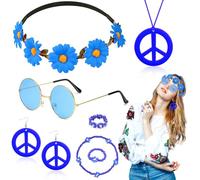 Set di 7 accessori per costume hippie per donne, accessori per abiti da 60s 70s con peace Sign Necklace Earring Flower Crown Headband Bracelet Ring Sunglasses Retro Deco for Dress Up